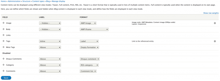 Fileds configured for AMP